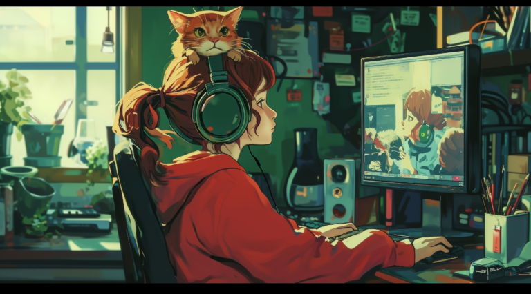 A Girl Wearing Headphones infront of a Computer