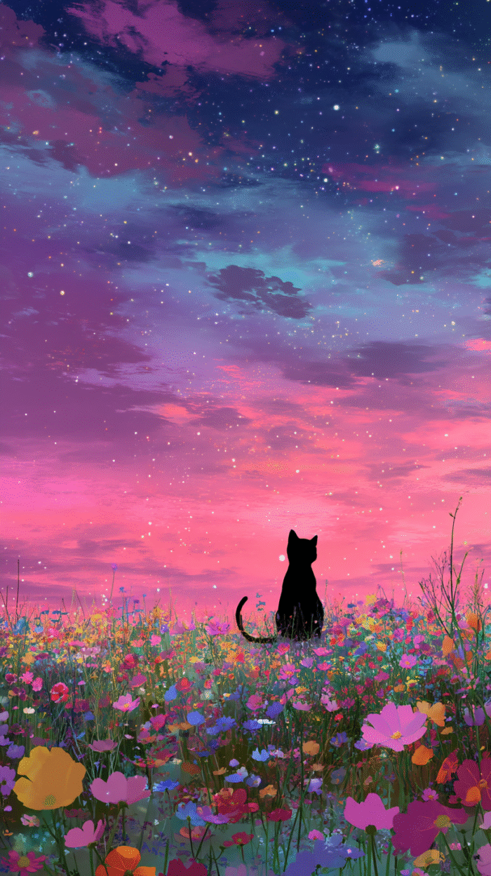 Black cat in a meadow of multicolored flowers