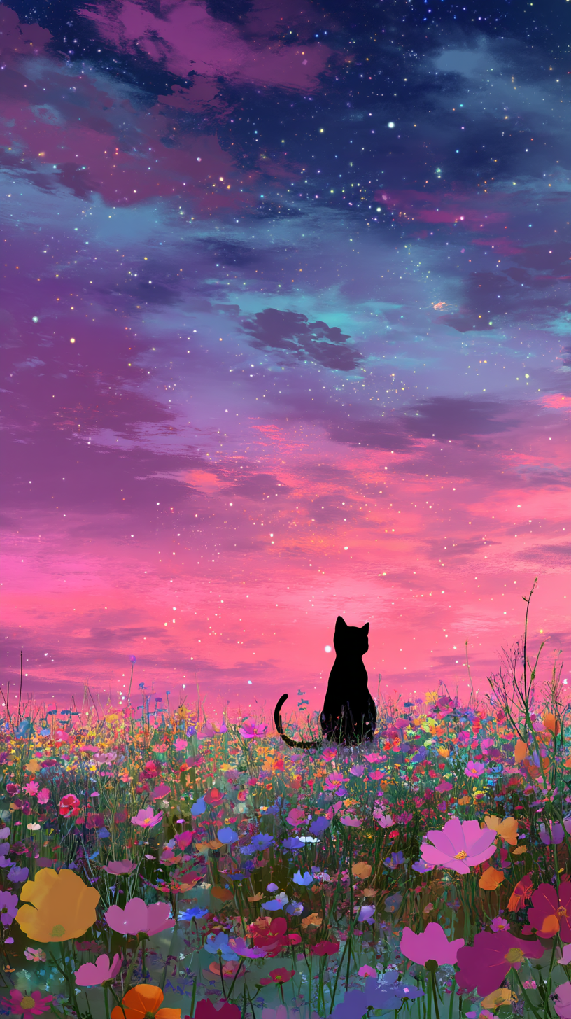 Black cat in a meadow of multicolored flowers