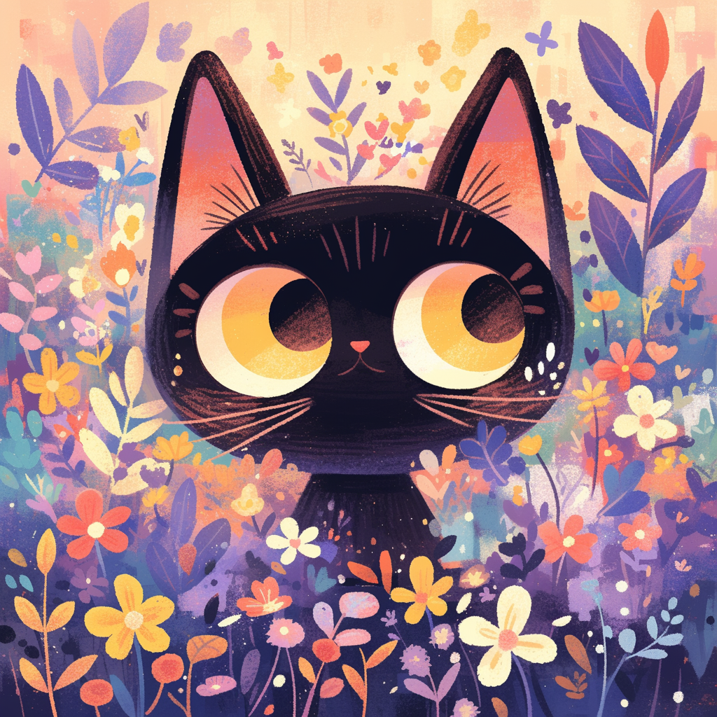 Cute Black Cat Illustration Sitting in a Flower Field