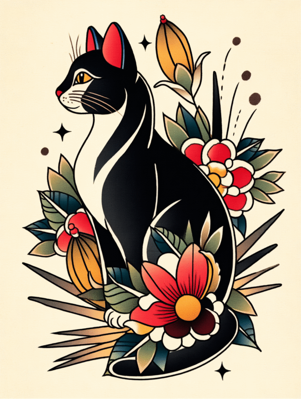 Cat Illustration Tattoo Style