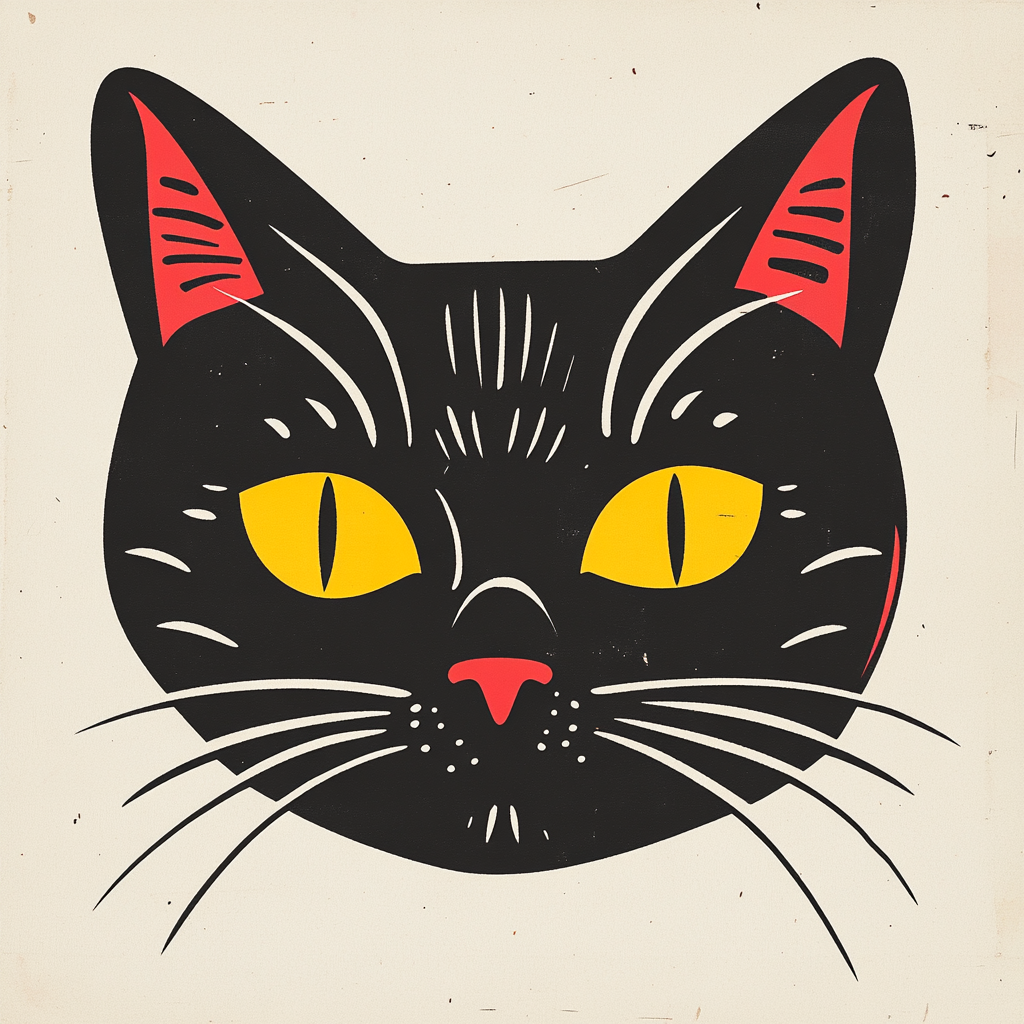 Retro Black Cat Cartoon Head on Vintage Background