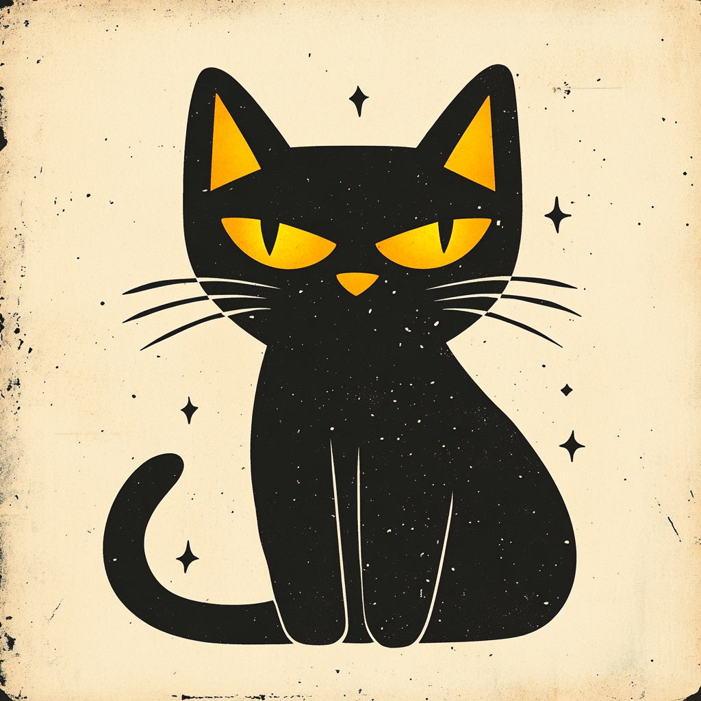 Retro Cartoon Black Cat on Vintage Background