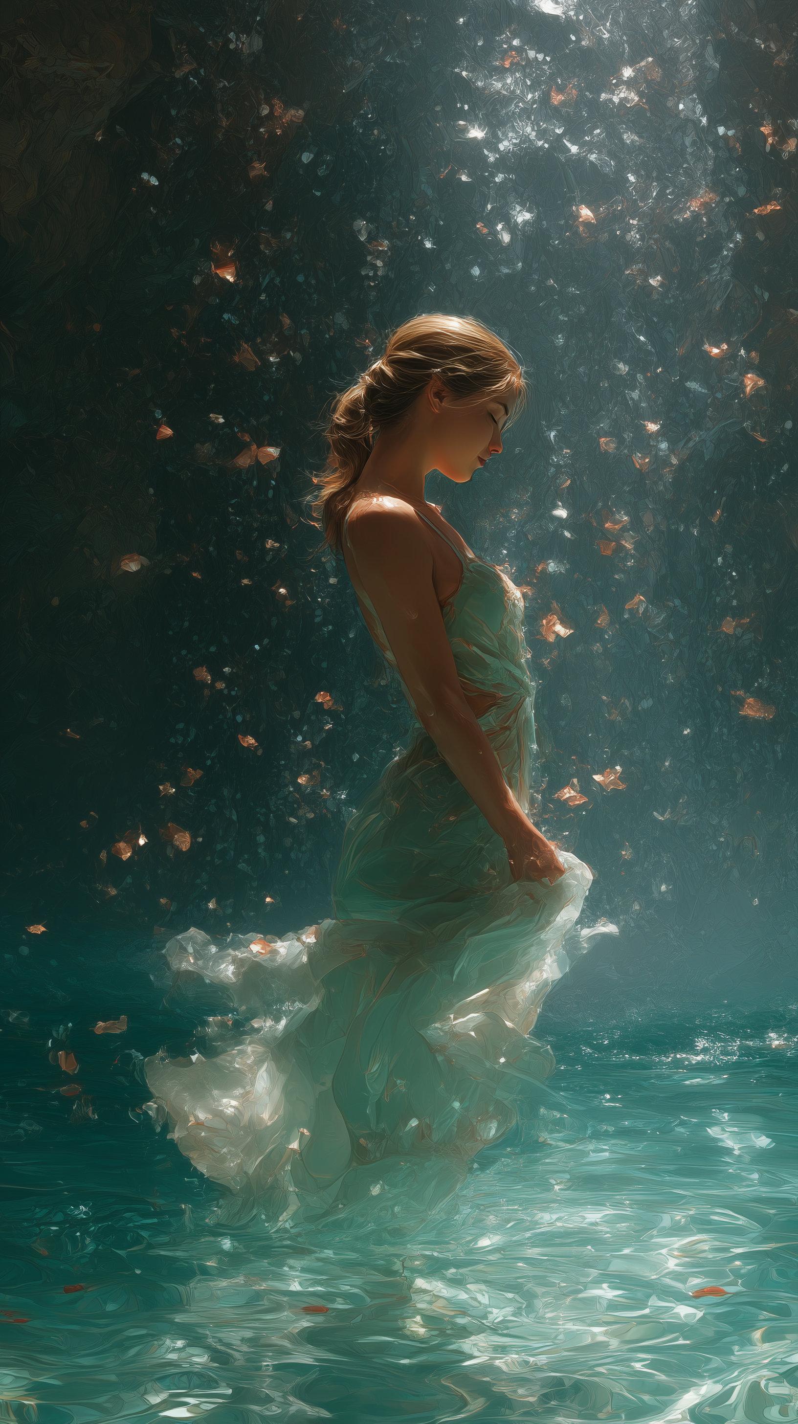 Young woman cinematic effect in water